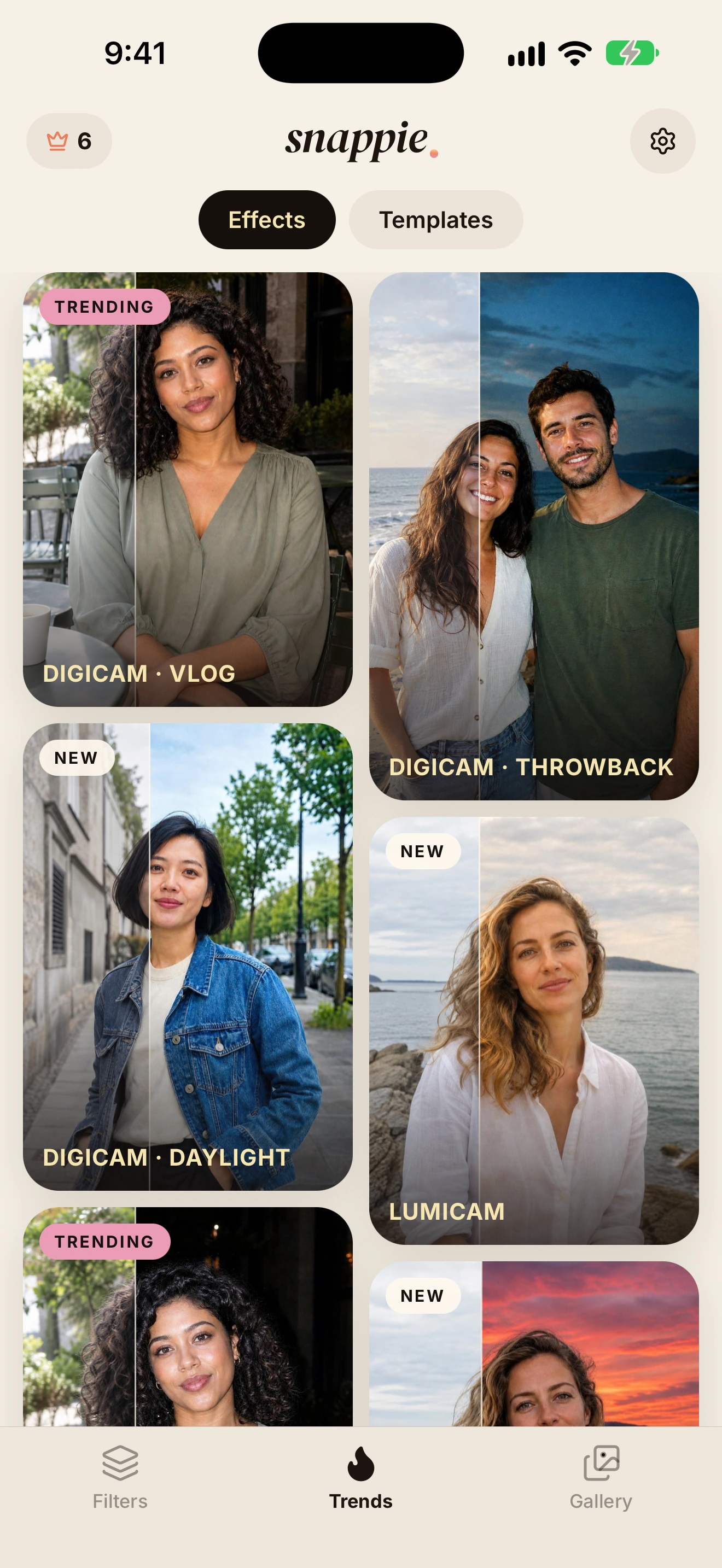 The Snappie iPhone app showing its photo effects, including Digicam, Lumicam and Golden Hour
