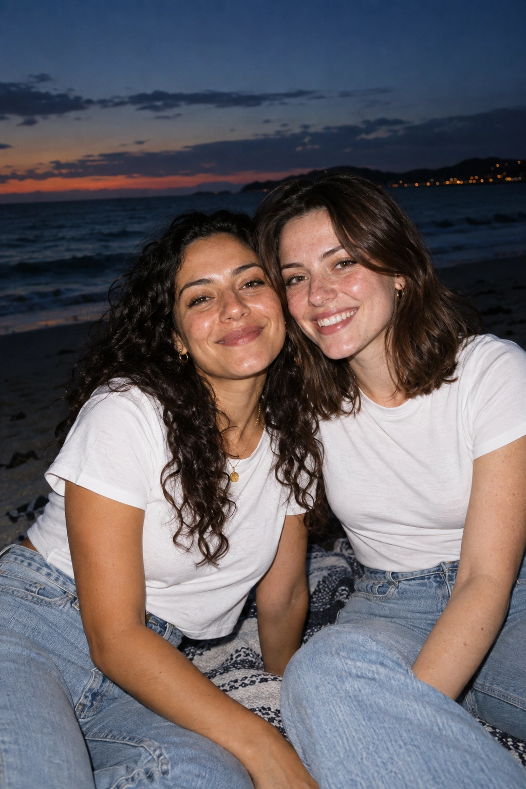 An illustrative candid flash photograph of two friends at the beach