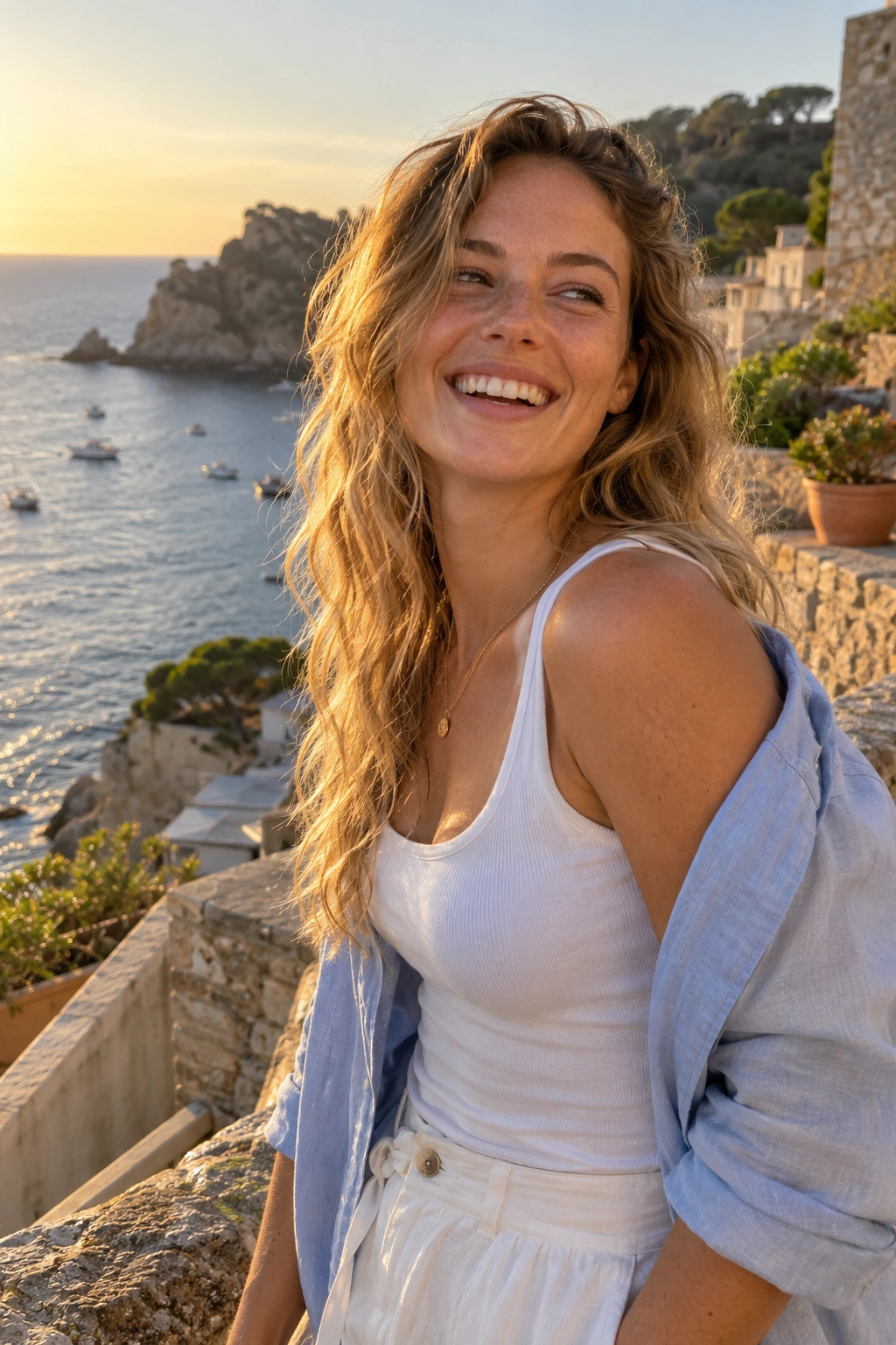 An illustrative golden-hour portrait with natural sunlight, freckles and windblown hair
