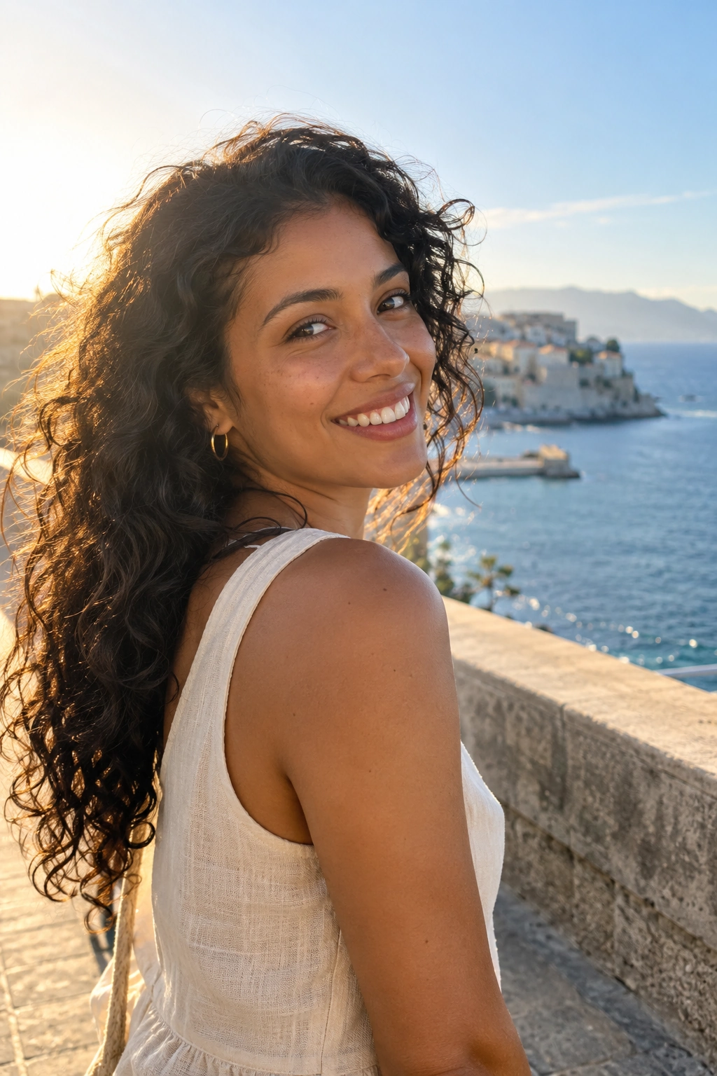Illustrative Lumicam mood: a natural seaside portrait with warm light