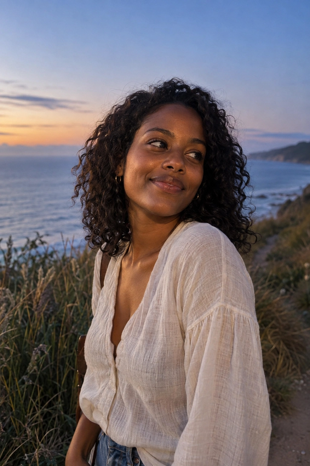 Illustrative Stardust mood: a natural portrait beside the ocean at twilight